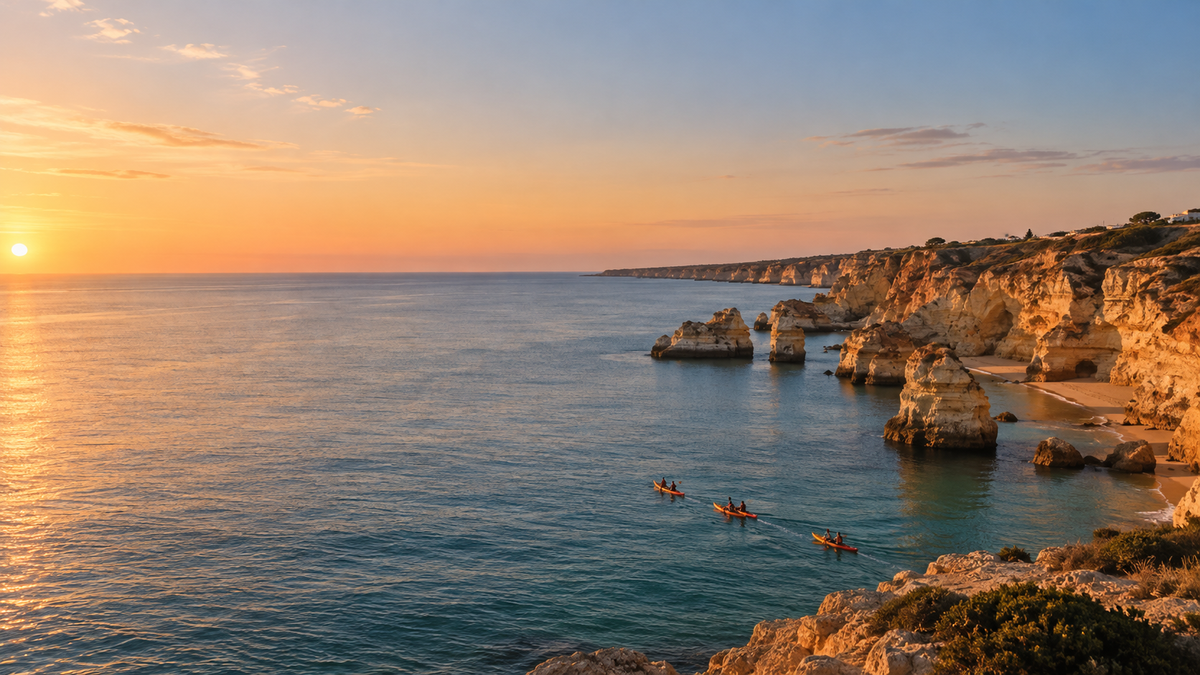 Algarve coastline at sunset with kayaks near the cliffs